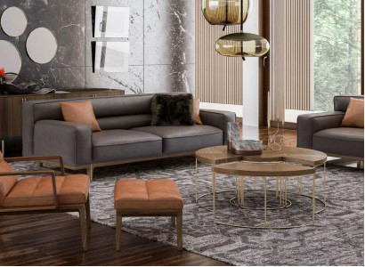 Brown Living Room Seating Set Luxurious 3-Seater Stivloller Armchair Upholstered Stool